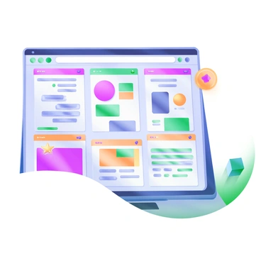 A digital design board featuring a grid layout filled with various design elements. Each section showcases different contributions from team members, including colorful icons, typography samples, and layout designs. The background of the board is light pastel, allowing the elements to stand out. Labels for each design element are clearly displayed in small, bold letters, identifying the creator's name alongside their work. Some sections include rounded borders to create a sense of organization and cohesion.