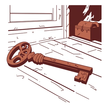A rusty key is lying on a wooden floor, partially covered by dust. The key exhibits intricate designs and a weathered texture, suggesting its age and history. Sunlight filters through a nearby window, casting soft shadows around the key, enhancing its mysterious and forgotten presence. The surrounding floor has scratches and signs of wear, indicating a long history of footsteps. A faint outline of a hidden treasure chest can be seen in the background, hinting at undiscovered secrets waiting to be uncovered.