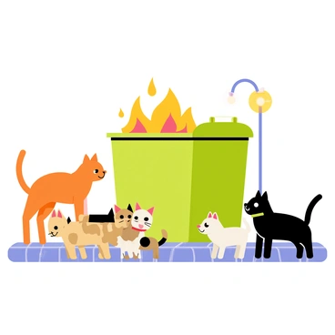 A group of cartoon-style street cats and dogs are gathered around a dumpster fire. The cats are various colors, including orange, black, and white, with their tails raised in curiosity. The dogs are depicted as small, playful breeds with wagging tails. The dumpster is a metallic green with a lid slightly ajar, and flames are flickering out of it, casting a warm glow on the animals. The scene is set on a city street, with a cobblestone sidewalk and lampposts in the background, creating a lively urban atmosphere.