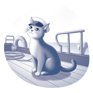 A cat with gray fur is standing confidently on the deck of a ship. It is wearing a sailor's cap tilted slightly to one side. The ship's deck features wooden planks, and there are ropes coiled neatly nearby. The backdrop includes several ship elements, such as a railing and a lifebuoy. A clear sky stretches above, devoid of clouds, providing a bright, open atmosphere. The cat gazes ahead as if watching the horizon.