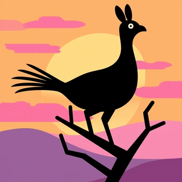 A silhouette of a lyrebird perched on a branch. The bird's distinctive tail feathers are fully displayed, showcasing their unique shape. The background features a sunset sky with vibrant shades of orange, pink, and purple, blending together seamlessly to create a dramatic effect. The light from the sunset casts a gentle glow around the bird, enhancing its outline against the colorful sky.