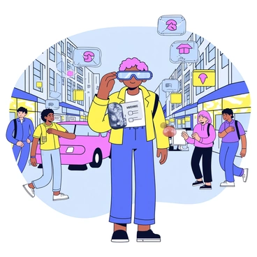 A person wearing sleek augmented reality glasses stands on a bustling city street. The glasses display vibrant digital information, including colorful icons and text, floating above the real-world environment. In the background, various pedestrians walk by, and cars pass, creating a lively atmosphere. The person appears focused, interacting with the digital overlay that provides directions and notifications, while the street is lined with modern buildings and bright storefronts.