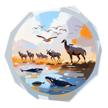 A globe-like circle illustrating various animals in migration across continents. The circle is divided into sections representing different regions of the world. In the northern section, a flock of geese is flying over a snowy landscape. In the central region, a herd of wildebeests is traversing the grassy plains. The southern section features a pod of whales swimming in ocean waters, while a group of sea turtles is moving towards the beach. Each section is filled with rich, detailed textures representing the natural environments of these animals, showcasing their diverse habitats in a cohesive composition.