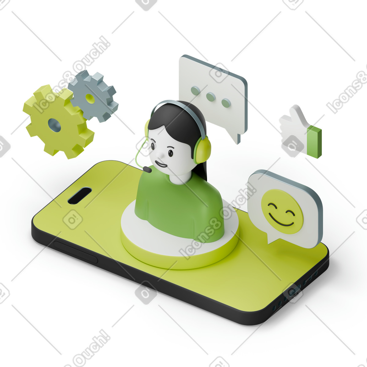 Support agent with headset on smartphone, Customer service assistance animated illustration in GIF, Lottie (JSON), AE