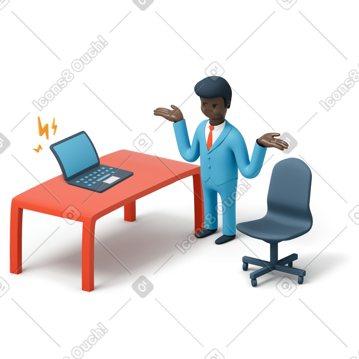 Geschäftsmann, der ein problem mit seinem laptop hat-Illustration im 3D Flame-Stil als Download in PNG, SVG