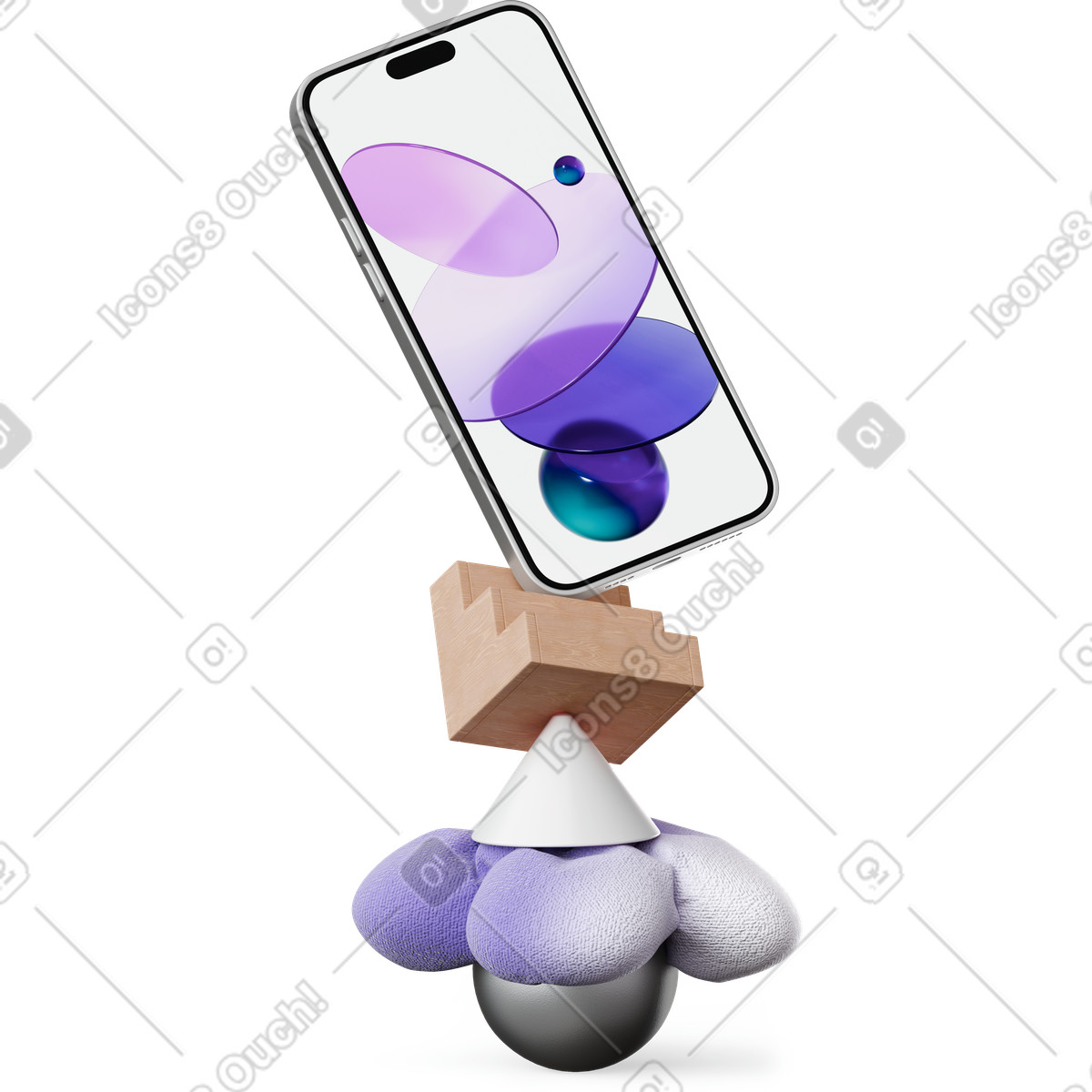 Smartphone standing on abstract figures-Illustration im 3D Hygge-Stil als Download in PNG, SVG
