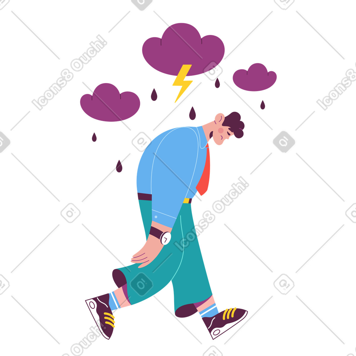 L'uomo triste cammina sotto le nuvole con la pioggia illustrazione in stile Sammy scarica in PNG, SVG