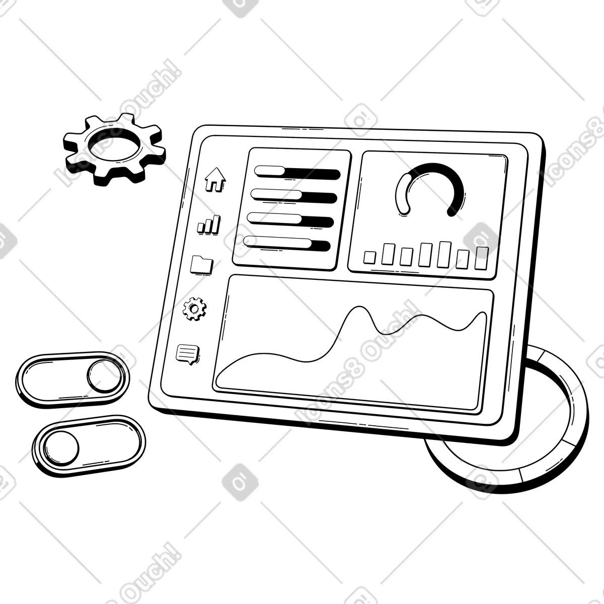 Tablet showing analytics dashboard, business data insights animated illustration in 3D Techny Line style download in GIF, Lottie (JSON), AE