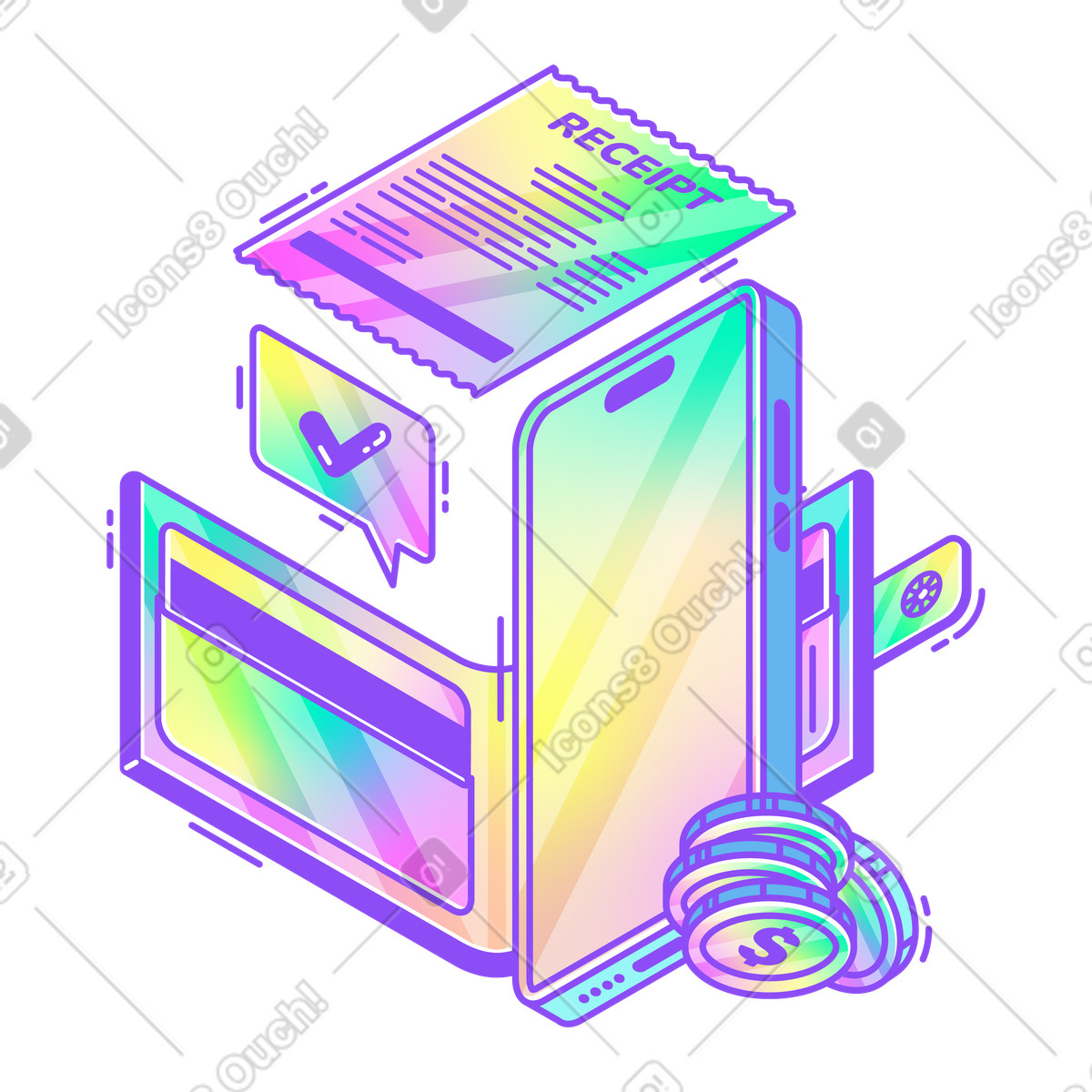 Ilustração de Smartphone with digital wallet and coins, Online payment banking concept em no estilo Holographic para baixar em PNG, SVG