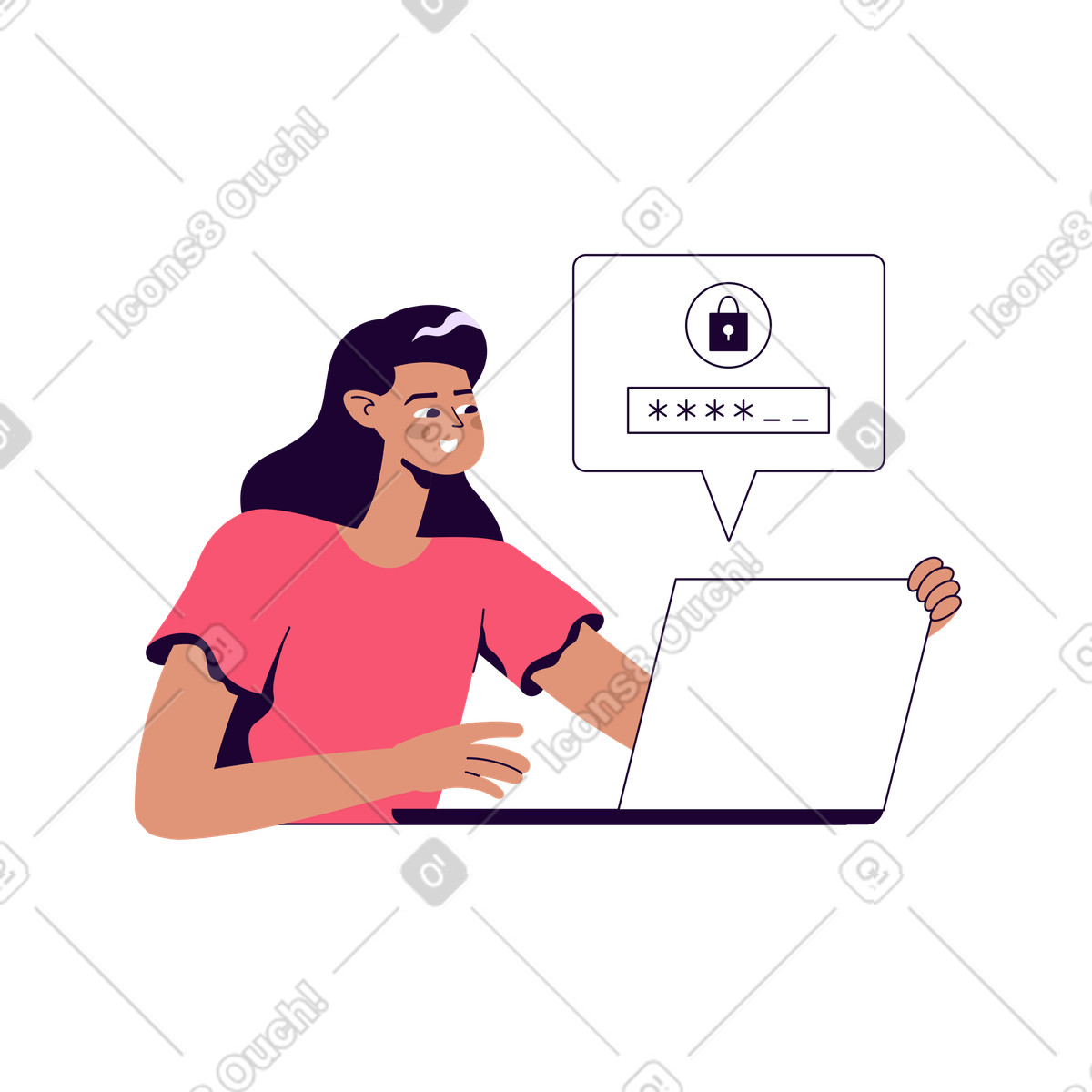 Martina スタイルの ラップトップでパスワードを入力する女性 のイラストをPNG、SVG形式でダウンロード