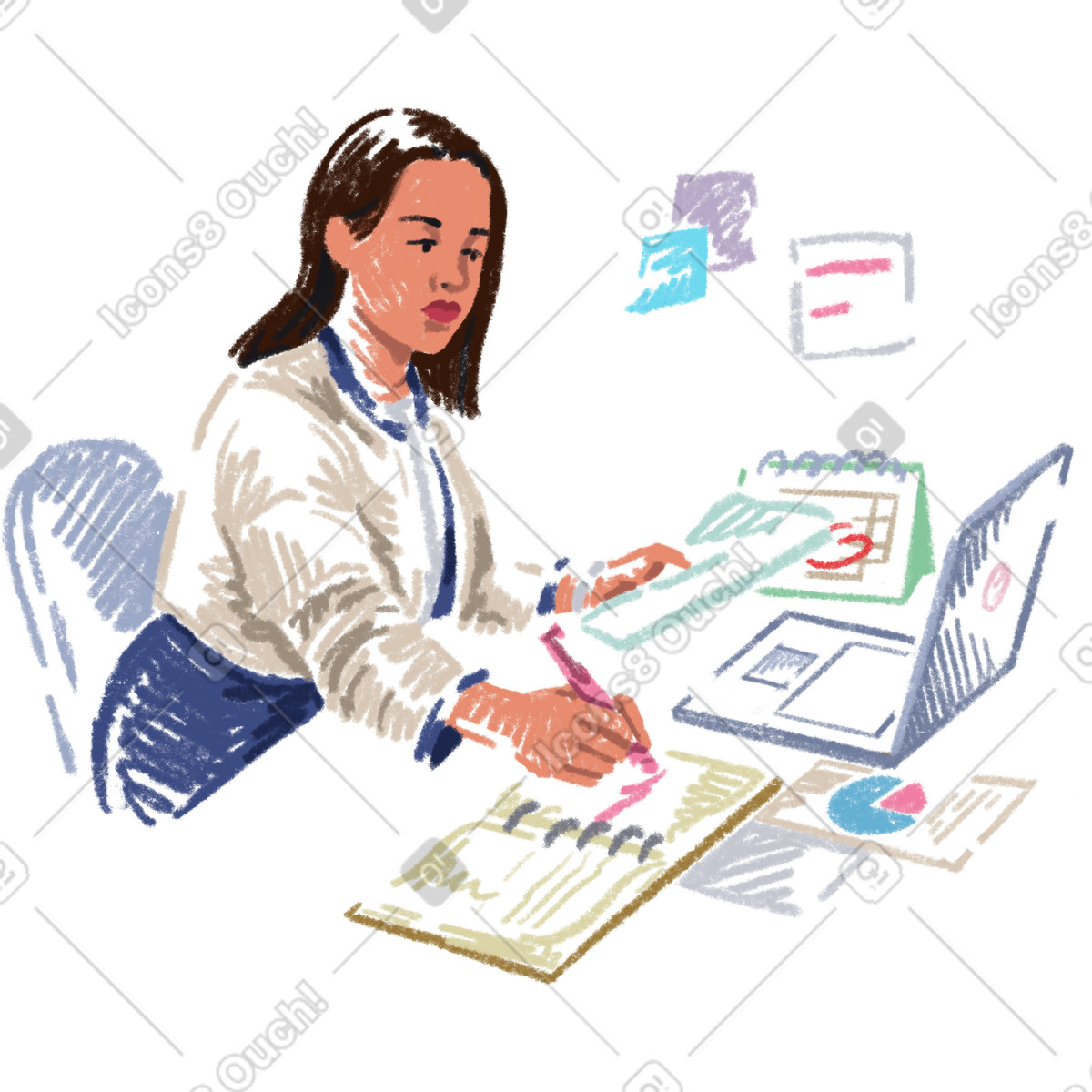 Young woman planning illustration in Sketchbook style download in PNG, SVG