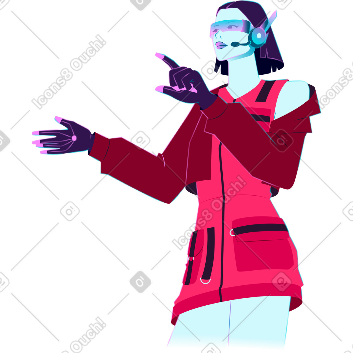 Ilustração de Mulher com óculos e fone ouvido em no estilo Neon para baixar em PNG, SVG