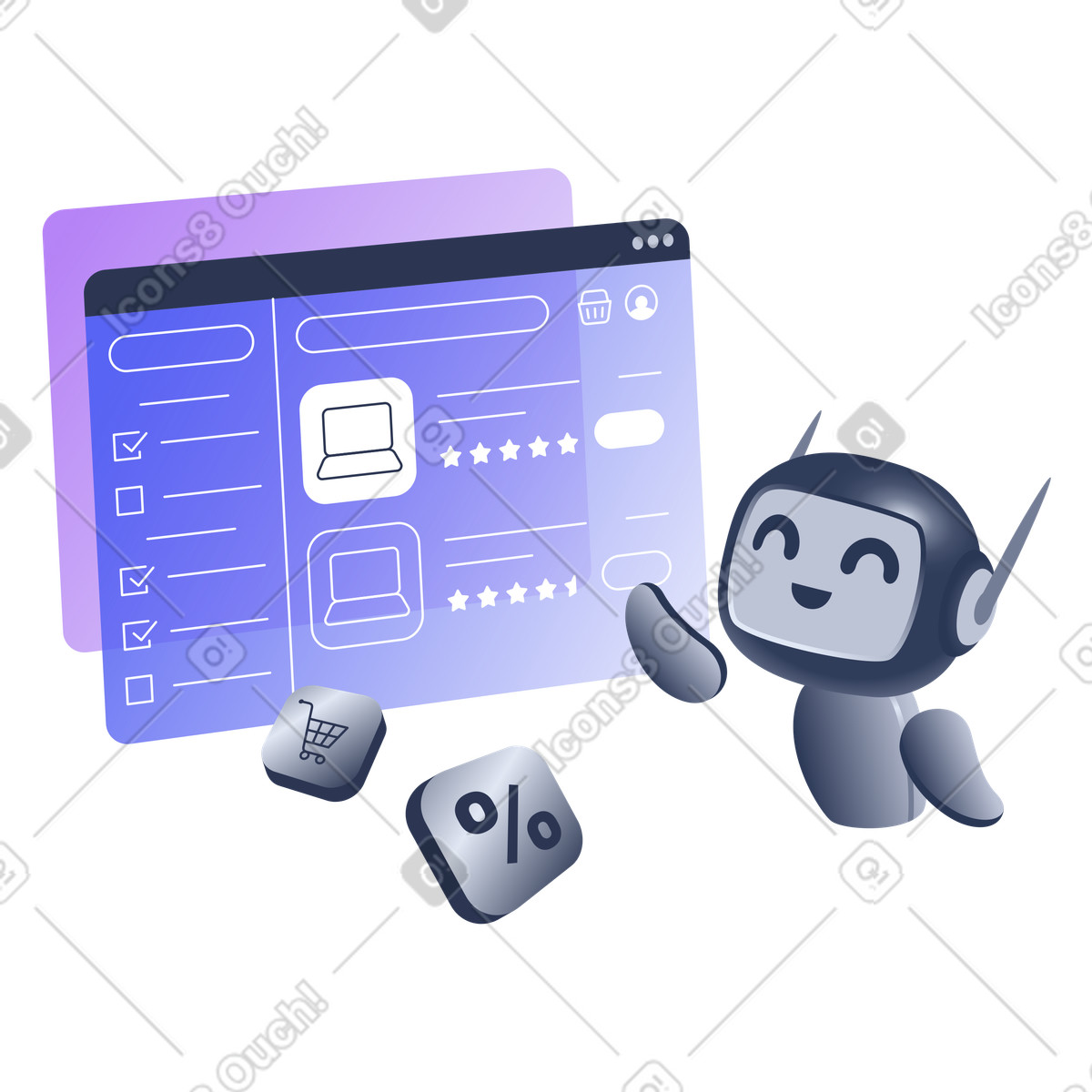 AI Agent Interacting with Online Store Interface, AI-Powered Shopping Experience, Assistant illustration in Lucent style download in PNG, SVG