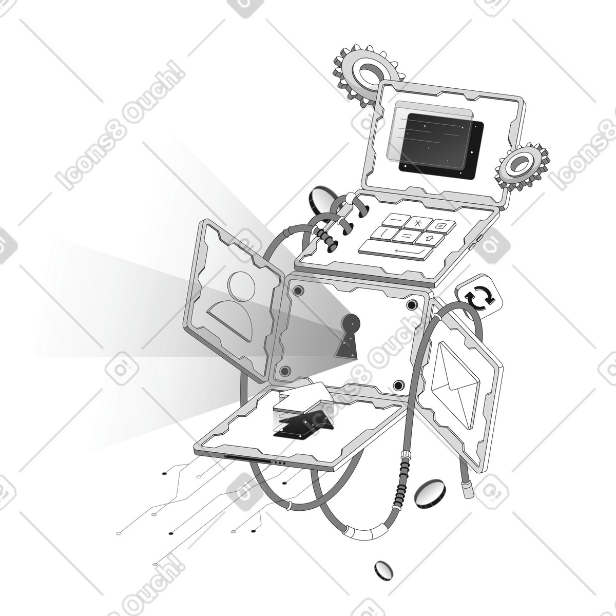 Cybersecurity login process on advanced workplace laptop device illustrazione in stile Futuristic scarica in PNG, SVG