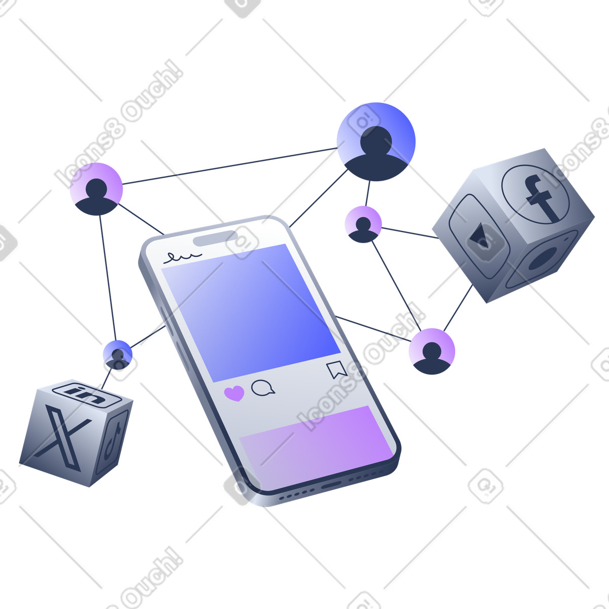 Feed dei social media su smartphone e rete di utenti illustrazione in stile Lucent scarica in PNG, SVG