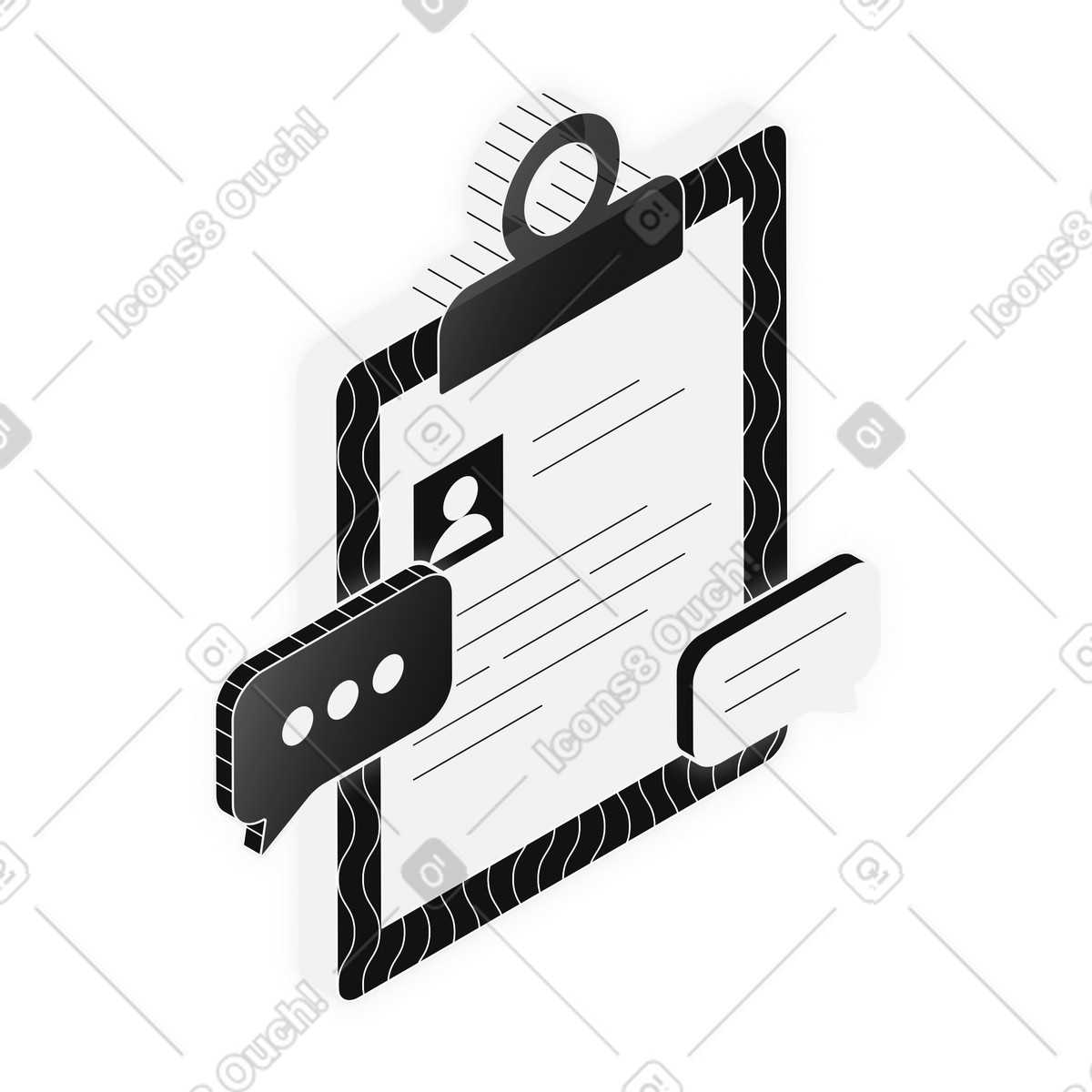 Live chat communication with user profile details on clipboard illustration in Inverse style download in PNG, SVG