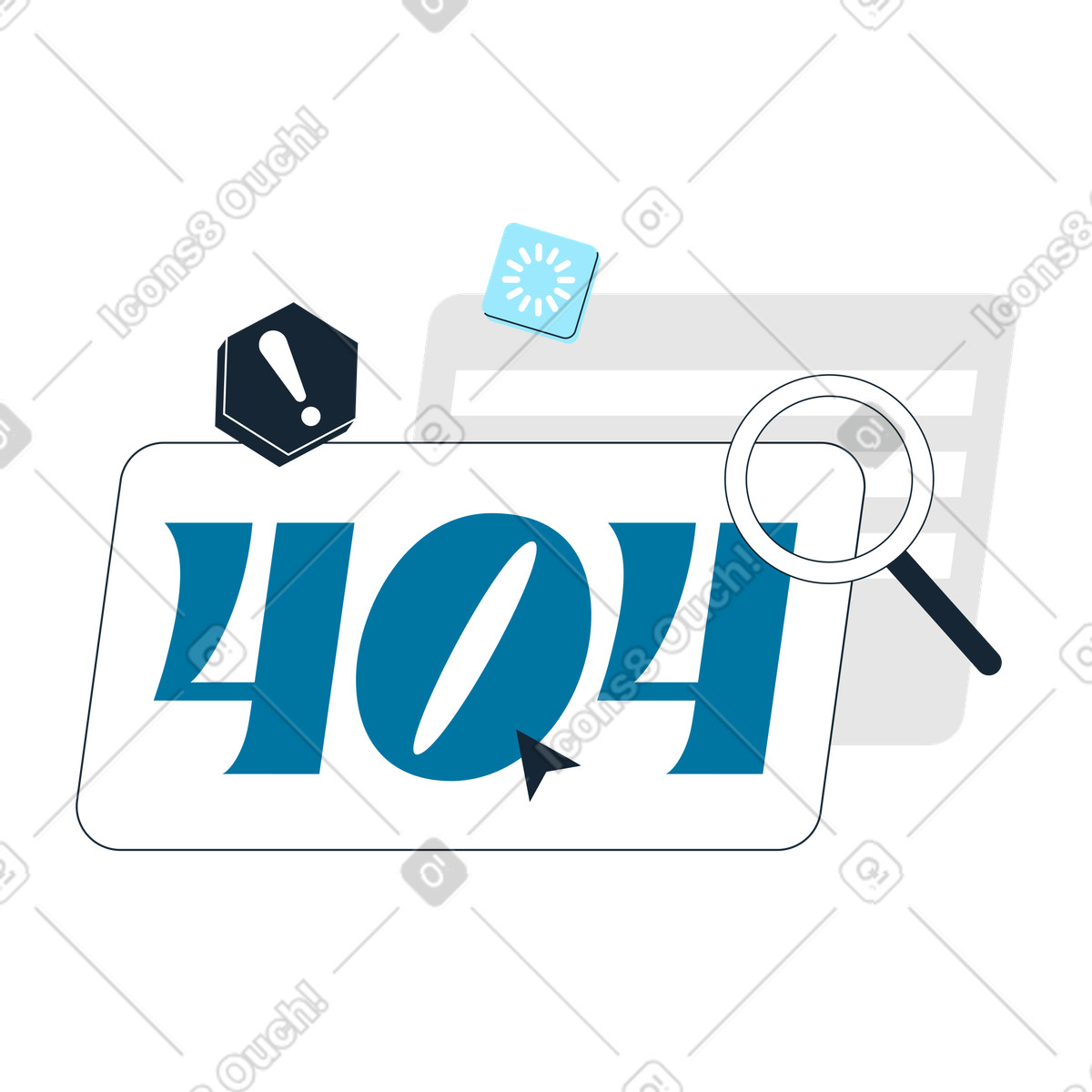Ilustración 404 error banner with magnifying glass, notification for broken link en estilo Indigo a descargar en PNG y SVG
