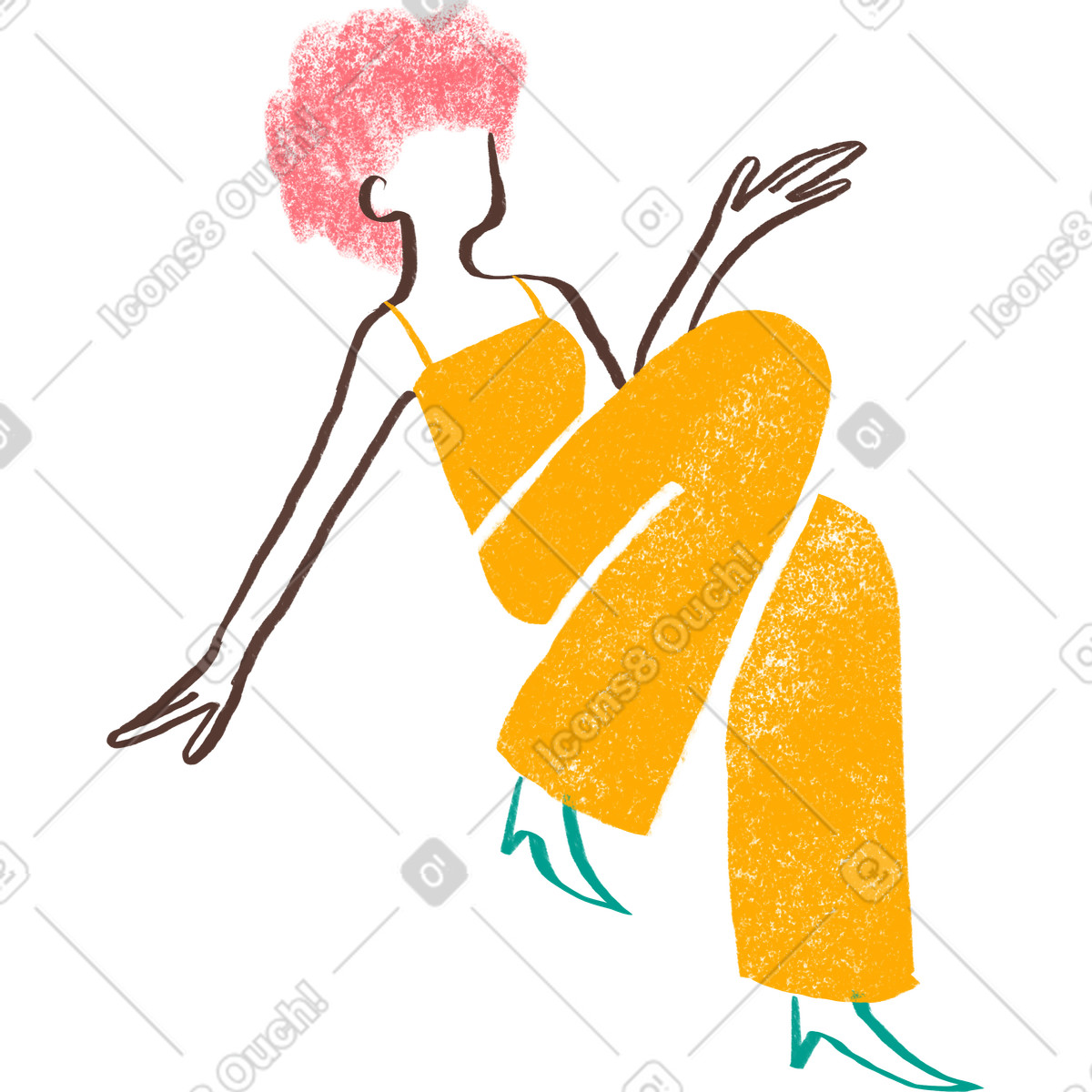 Woman with curly hair sitting her leg up illustration in Company style download in PNG, SVG