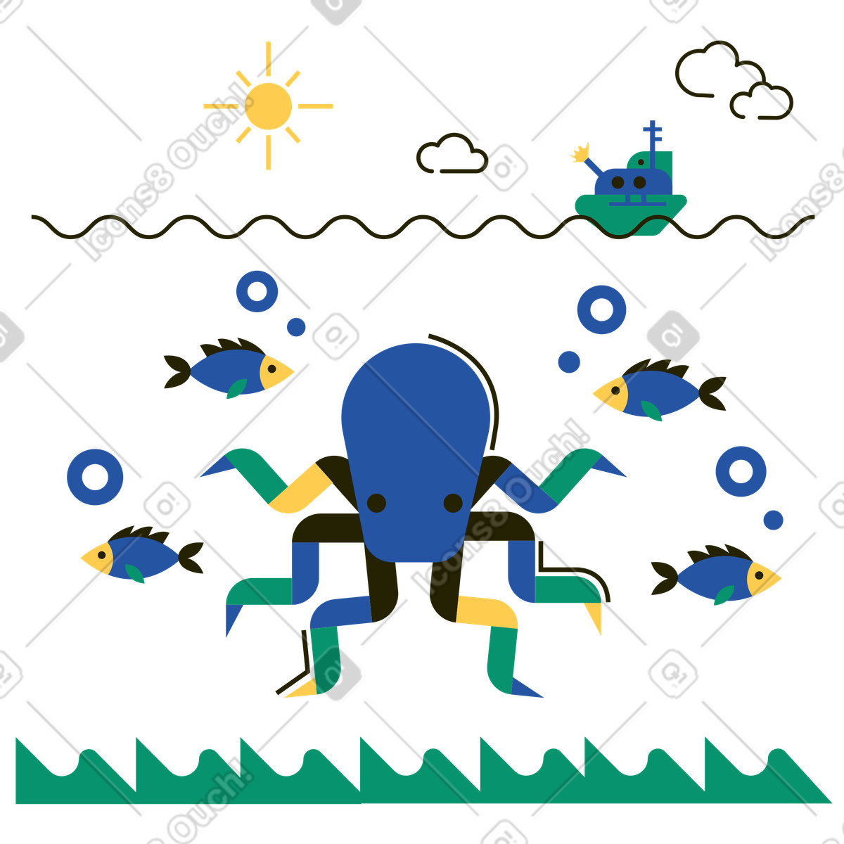 Mondo sottomarino con animali marini e polpi illustrazione in stile Spot scarica in PNG, SVG