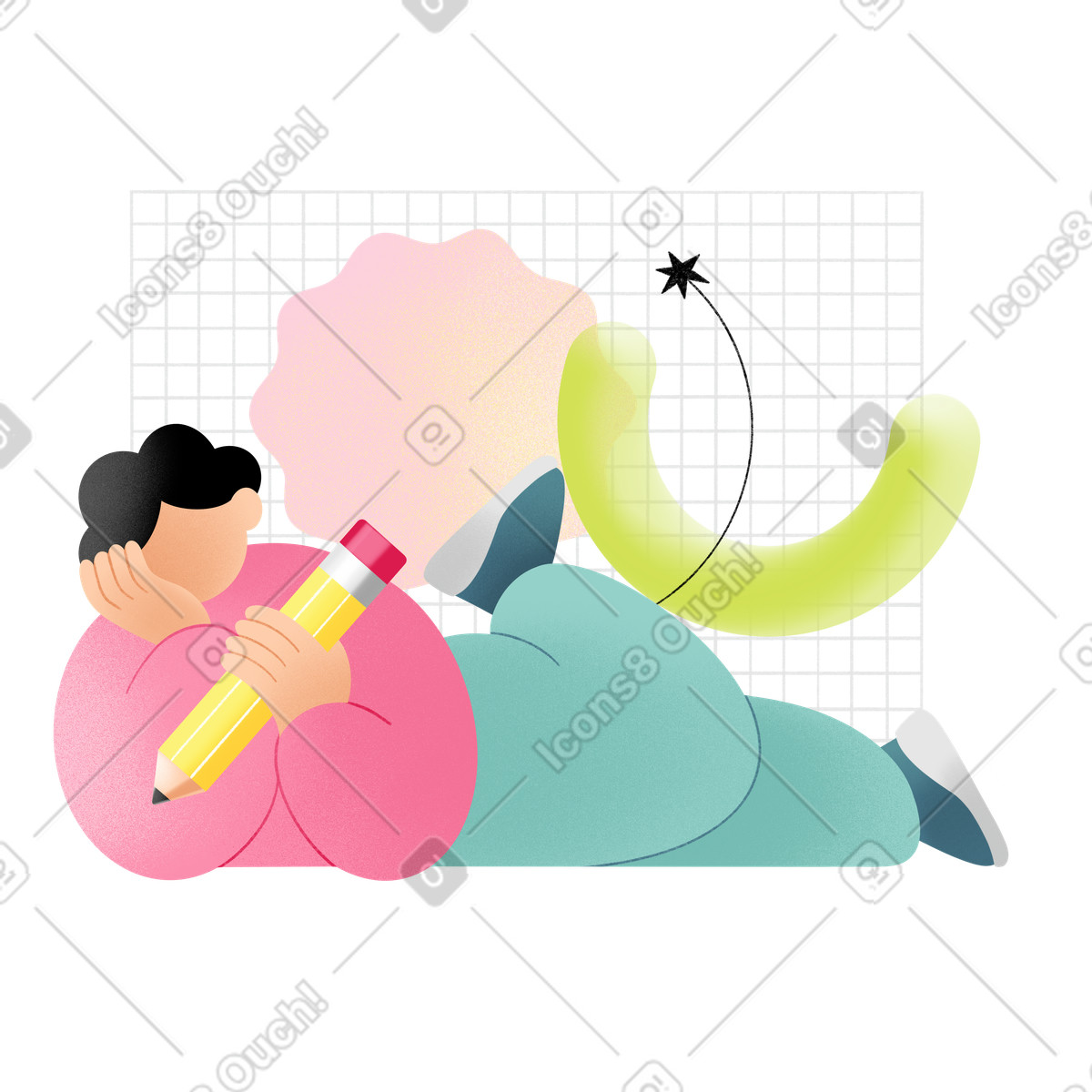 Ilustración Young man lying and drawing en estilo Joy a descargar en PNG y SVG