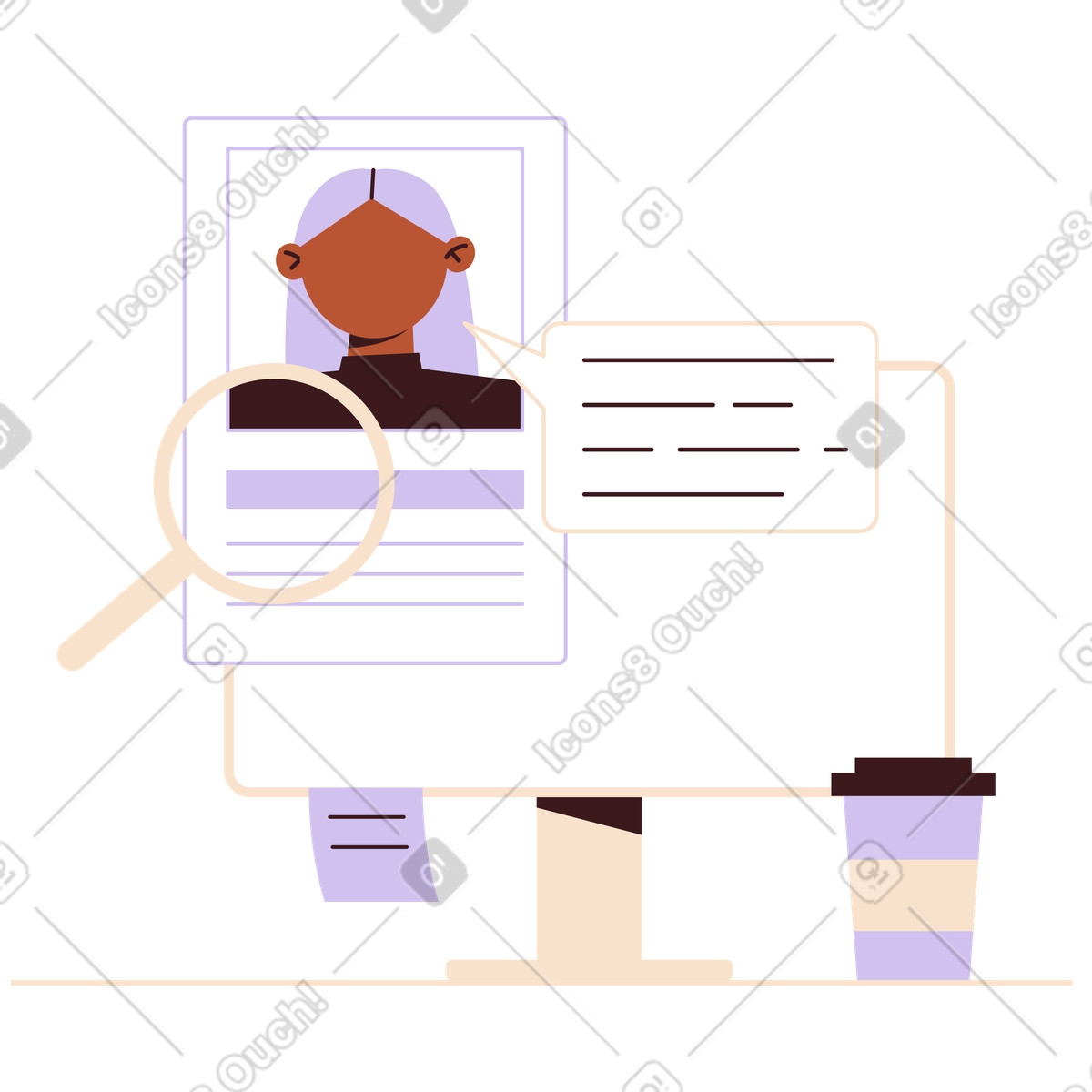Resume and magnifying glass on monitor, Talent acquisition hiring workflow illustration in Folks style download in PNG, SVG