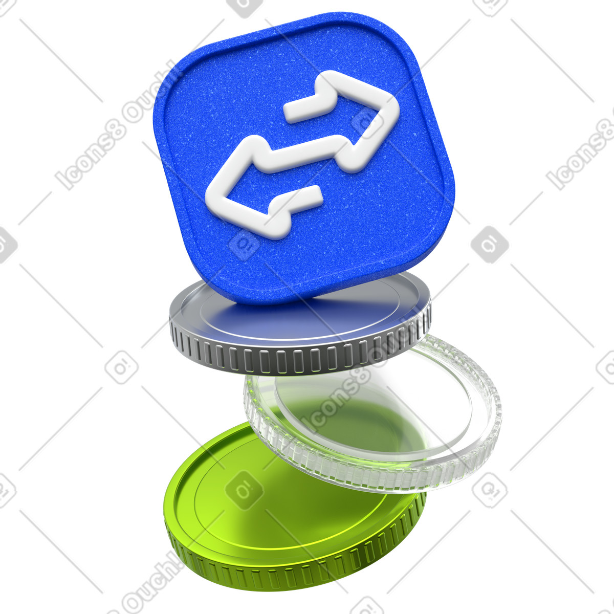 Currency exchange with stacked coins and swap arrows icon illustration in 3D Enterprise style download in PNG, SVG
