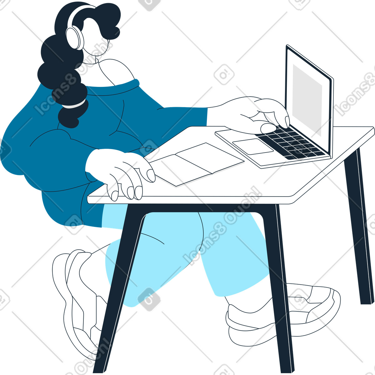 Ilustración Mujer sentada frente a la mesa con laptop y notebook en estilo Indigo descargar en PNG SVG