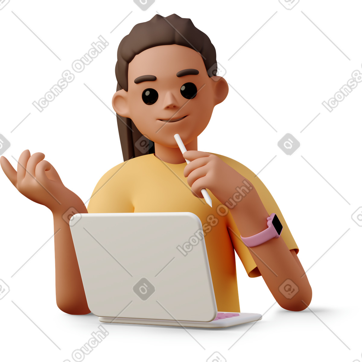 Illustration Young woman sitting in front of laptop and having an idea dans le style 3D Casual life à télécharger aux formats PNG, SVG