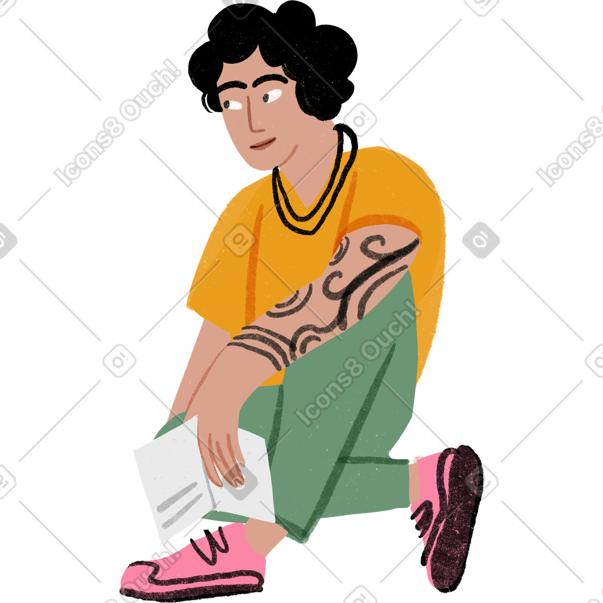 Guy sitting and looking to the side with a paper illustration in Public style download in PNG, SVG