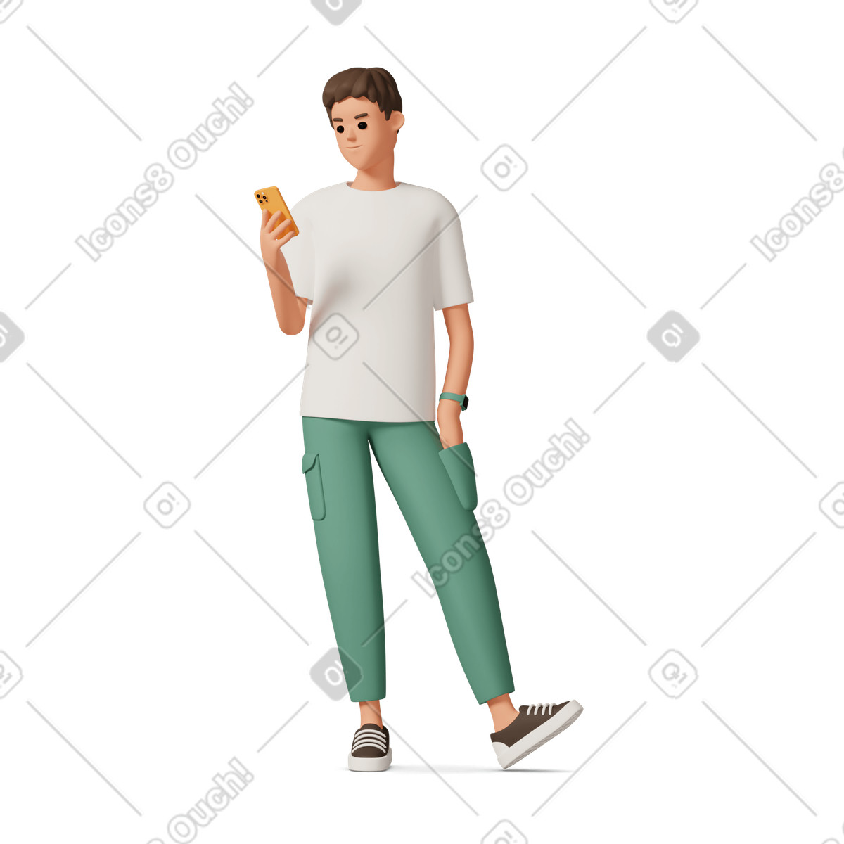 Young man holding orange smartphone and tapping foot illustration in 3D Casual life style download in PNG, SVG