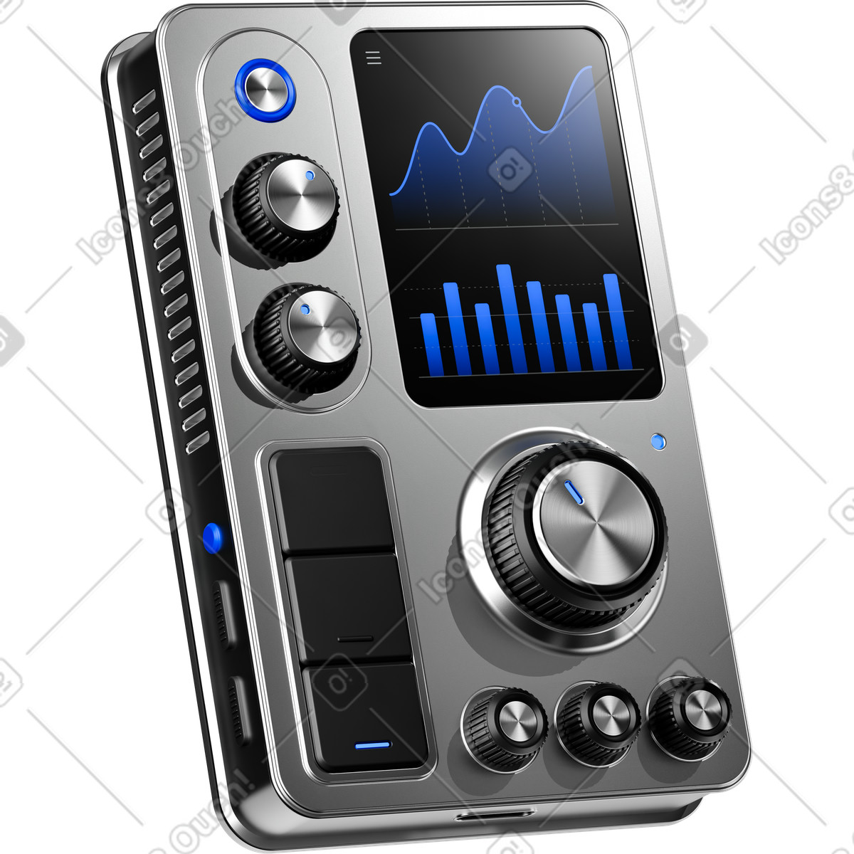 下载 3D Pro 风格的 Controller device with touchscreen analytics dashboard and multiple rotary knobs 插画，支持 PNG、SVG 格式
