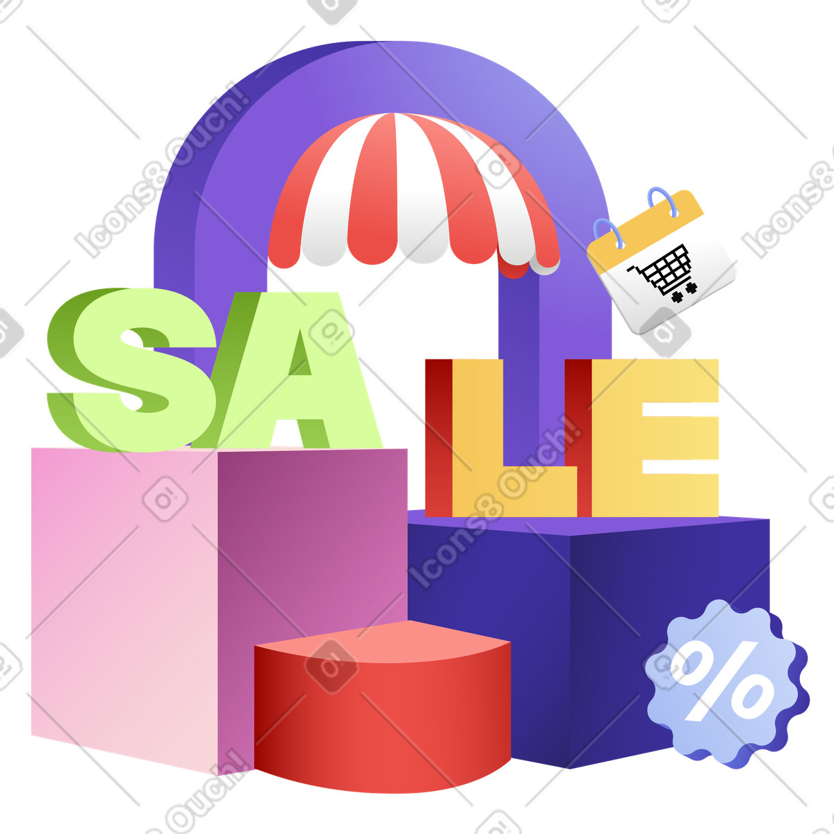 Illustration Vente de lettrage sur cubes, signe pourcentage et texte en arc dans le style Levels à télécharger aux formats PNG, SVG