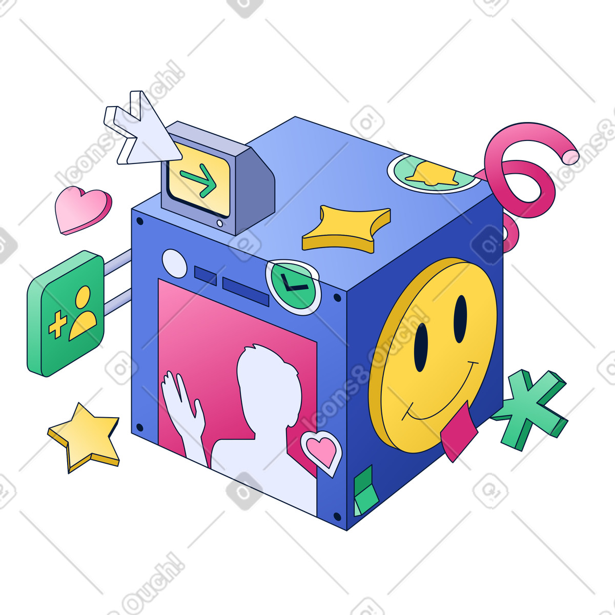 Social media engagement cube with emojis and feedback icons illustration in Neat style download in PNG, SVG
