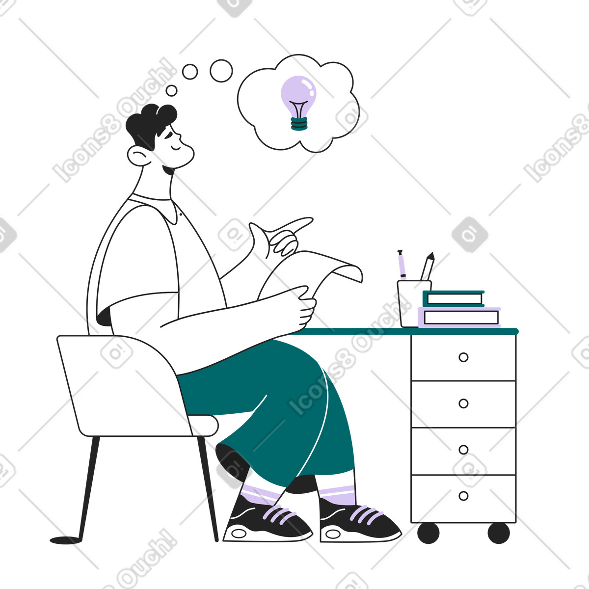 Иллюстрация Office worker coming up with solution, creative thinking at workplace в стиле Sammy Line — скачать в форматах PNG, SVG