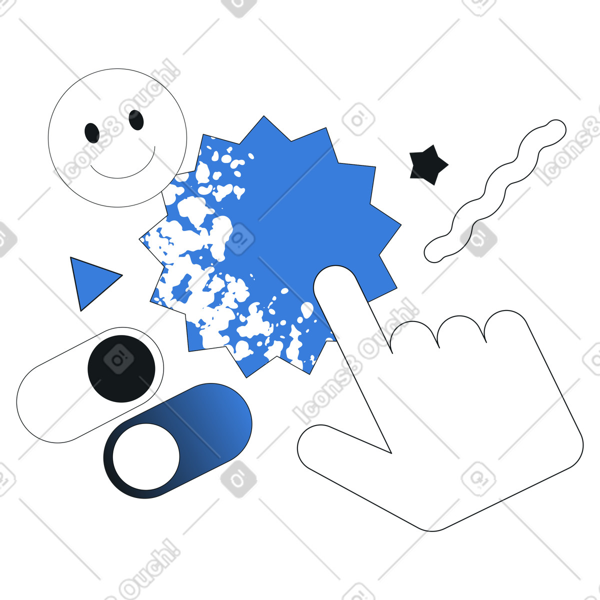 Hand tapping toggle buttons and badge, Interactive interface UX design illustration in Midnight style download in PNG, SVG
