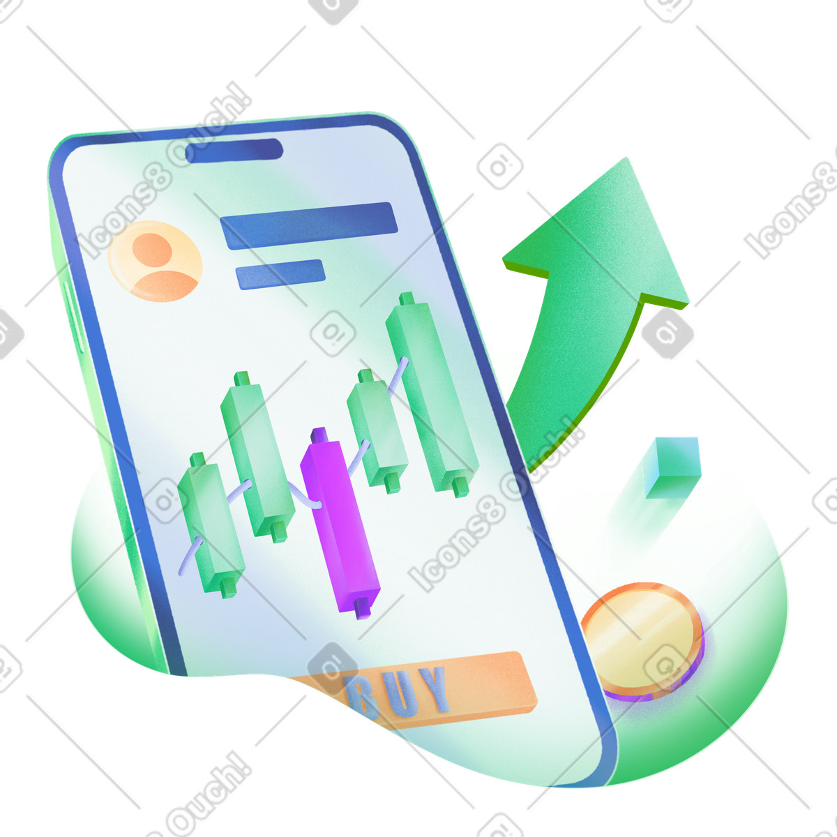 Mobile trading app with buy button and growth arrow illustration in PNG, SVG