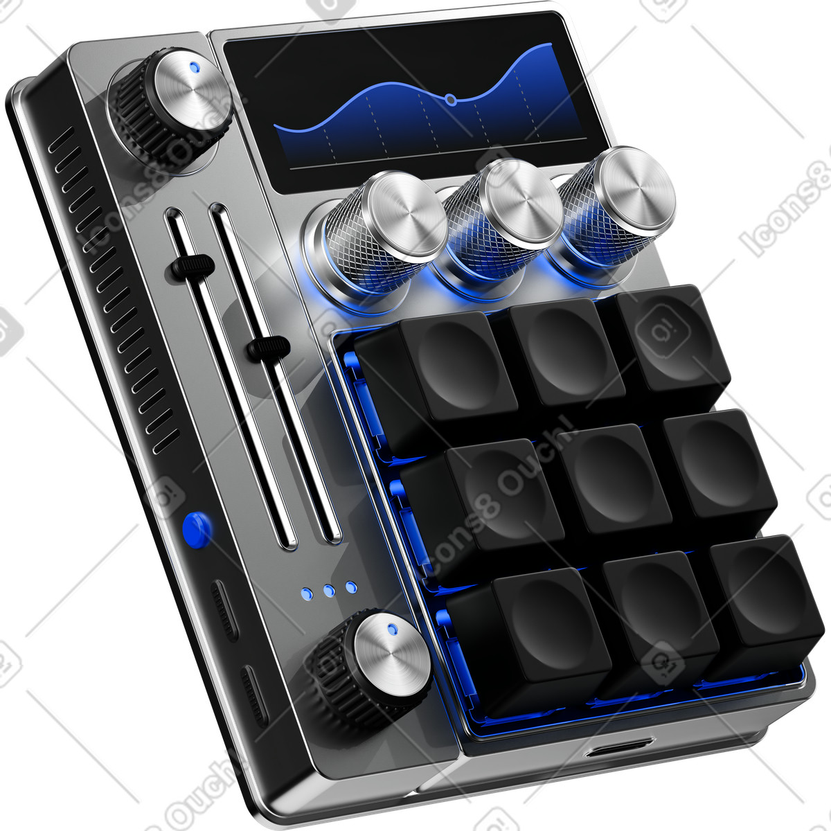 Controller device with knobs sliders pads and screen waveform display illustrazione in stile 3D Metallic scarica in PNG, SVG