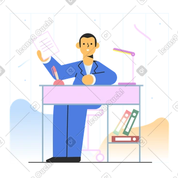 Man sitting at desk with document in hand PNG, SVG