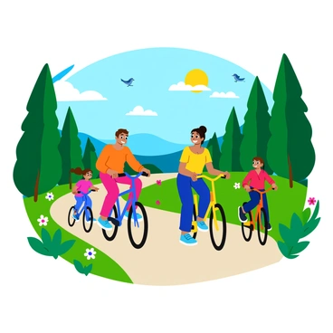 A family of four riding bicycles along a scenic trail. The trail is surrounded by tall, green trees and colorful flowers blooming on both sides. The parents are in the lead, smiling, while the two children follow closely, laughing. The sun is shining brightly, casting playful shadows on the ground. Birds can be seen perched on branches above, adding to the lively atmosphere. Each family member is wearing casual, vibrant clothing appropriate for a sunny day.