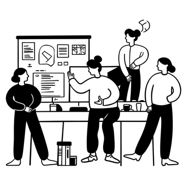 A female programmer sitting at her desk, focused intently on her computer screen, with her fingers poised over the keyboard. She is surrounded by supportive colleagues of various genders, standing nearby and engaging in discussions while looking at her screen. The workspace is filled with coding books and coffee mugs, and there are sticky notes on the desk with reminders and ideas. A whiteboard in the background showcases diagrams and project plans.