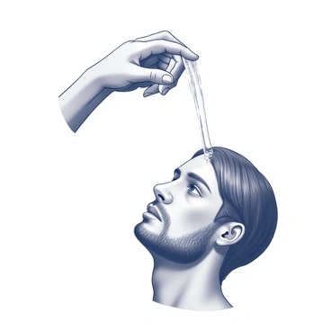 A close-up scene depicting "John the Baptist's hand" gently pouring water over "a person's head" in a baptism ritual. The hand is weathered and strong, with visible details such as wrinkles and calluses, indicating a life of labor and devotion. The water cascades in clear droplets, creating a dynamic effect as it flows over the person's head, capturing the moment of spiritual significance. The person's expression reflects a mix of serenity and reverence, highlighting the emotional weight of the occasion. The setting is simple yet profound, emphasizing the act of baptism as a pivotal moment in the individual's spiritual journey.