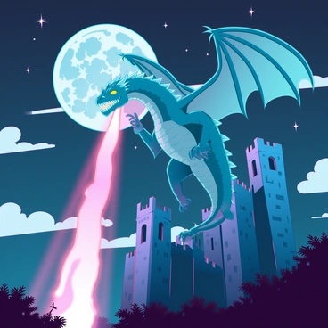 A large, mystical dragon with iridescent scales and piercing yellow eyes is soaring above a grand castle. The dragon's wings are outstretched, displaying intricate patterns that shimmer in the moonlight. It is exhaling a fierce stream of fire that cascades downward, casting a warm glow over the stone walls of the castle. The castle, with tall towers and crenellated parapets, is situated on a rocky cliff, surrounded by a dark forest. The night sky is filled with stars, and the full moon is partially hidden behind wispy clouds, enhancing the dramatic scene.