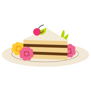 A slice of cake on a white plate sits in the center of the image. The cake has layers of moist chocolate and creamy frosting, with a cherry on top. Surrounding the plate are vibrant pink and yellow flowers, their petals delicately arranged. The flowers include a few green leaves, providing a touch of nature. The scene captures a cheerful and inviting atmosphere.