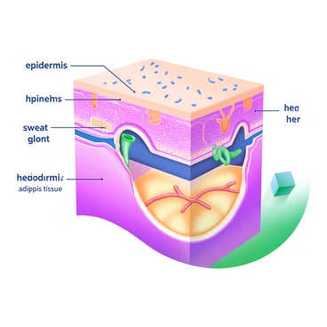 A detailed illustration of a cross-section of human skin. The image clearly shows the various layers, including the "epidermis," "dermis," and "hypodermis." Each layer is labeled with clear text. The "epidermis" appears on the top, featuring small skin cells. Below, the "dermis" contains hair follicles, sweat glands, and blood vessels in vibrant colors. The "hypodermis" is depicted underneath, illustrating adipose tissue. The overall image is informative and well-organized, allowing for easy understanding of each skin layer's structure and function.