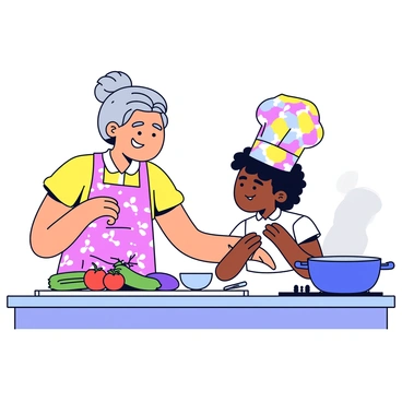 A grandmother with gray hair tied in a bun is standing beside a kitchen counter. She is wearing a floral apron and smiling as she demonstrates the cooking process. A young child with curly hair, wearing a colorful chef hat, is attentively watching her. On the counter, there are fresh vegetables like zucchini, eggplant, and tomatoes arranged neatly. Next to the vegetables, there is a cutting board with a knife and a bowl ready for mixing. The kitchen has warm lighting, and a pot is simmering on the stove.