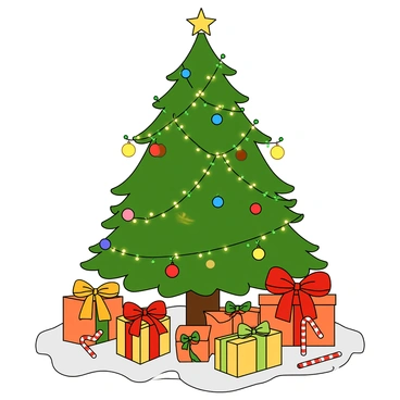 A large Christmas tree with lush green branches decorated with colorful ornaments, twinkling fairy lights, and a shiny star on top. The tree is surrounded by several wrapped gifts of various sizes and shapes, featuring bright and cheerful wrapping paper with ribbons and bows in red, gold, and green. The floor is covered with a soft, white blanket that mimics snow, adding to the festive atmosphere. A few candy canes are placed beside the gifts, and in the background, there are faint hints of a cozy room with warm lighting.