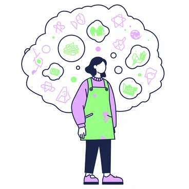 An artist is standing with a focused expression, surrounded by a cloud of floating bubbles. Each bubble is translucent and contains a tiny, incomplete sketch, showcasing various ideas. Some sketches depict abstract shapes, while others illustrate parts of human figures or landscapes. The artist has medium-length hair and is wearing a paint-splattered smock. The scene captures the moment of inspiration as the bubbles seem to float gently around the artist's head, reflecting their creative thoughts.