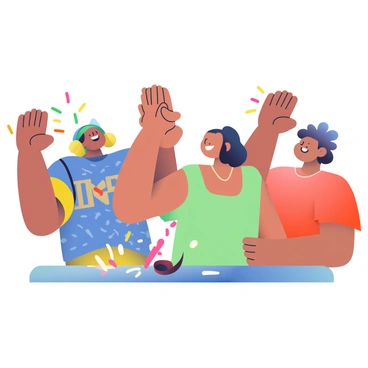 A close-up image of a diverse group of four team members celebrating together after successfully breaking the "dahi handi" pot. Two individuals are raising their hands, their palms meeting in a high-five gesture, showcasing their excitement. One person is wearing a blue jersey with yellow accents, while another is in a red shirt with white patterns. The third team member is wearing a green tank top, and the fourth is in a bright orange t-shirt. Their expressions are filled with joy and triumph. In the background, fragments of the broken pot can be seen scattered, along with colorful decorations typical of the celebration.