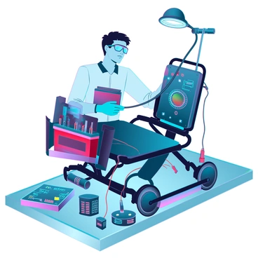 A technician with short, dark hair and wearing safety goggles is intently focused on the wiring and components of an electric chair. He is dressed in a work shirt and gloves, surrounded by various electronic parts scattered on a metallic workbench. In one hand, he holds a toolkit filled with different tools, while with the other, he carefully adjusts a wire connected to the chair's control panel. Bright overhead lights illuminate the workspace, highlighting the intricate details of the chair's design and the technician's concentrated expression.