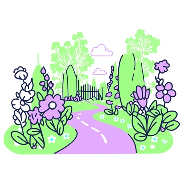 A botanical garden pathway is visible, winding through the scene. The sturdy walkway is framed on both sides with a variety of blooming flowers. Each flower exhibits distinct shapes and sizes, contributing to a vibrant display. Lush green leaves surround the flowers, adding contrast to their colors. In the background, tall trees provide shade along the edges of the garden, and a gentle breeze rustles through the foliage. Sunlight filters through the branches, casting dappled shadows on the pathway.